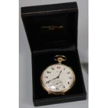 18ct gold Longines open faced top wind pocket watch with Arabic numerals and seconds dial. 78g