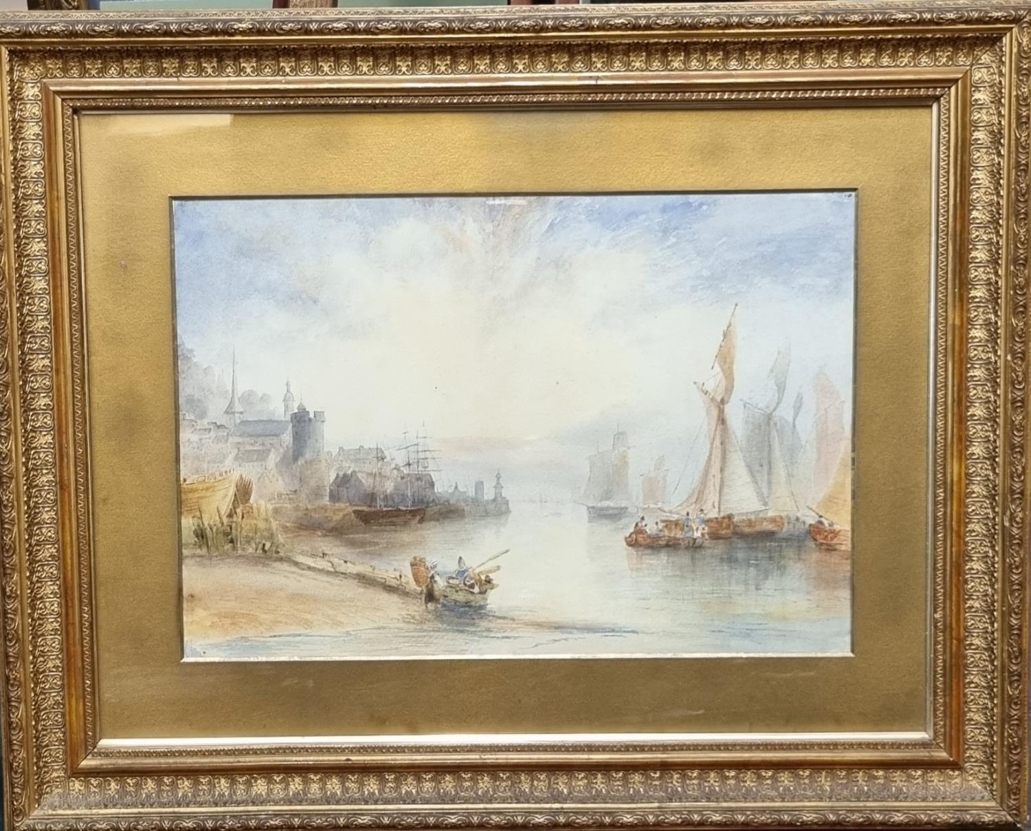 British School (19th Century), study of a busy continental harbour, watercolours. 36 x 50cm