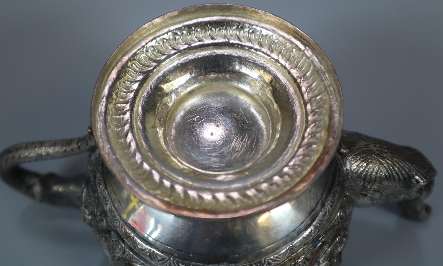 Indian white metal three piece teaset comprising: teapot, two handled lidded sucrier and a lidded - Image 3 of 5