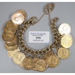 9ct gold curb link bracelet with heart padlock, set with 20 gold full sovereigns ,in pendant