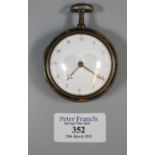 18th century yellow metal and tortoiseshell pair cased verge pocket watch, having white enamel