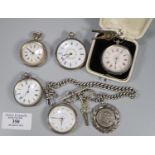 Collection of silver fob and pocket watches, three keywind, one keyless, Silver open faced keywind