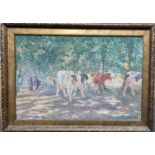 Continental School,(early 20th century), cattle amongst trees with figures in dappled light,