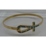 Gold Ank bangle inset with turquoise stones with hook fastening. Indistinct marks, tests as 18ct