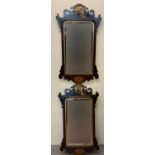 Pair of 18th style century mahogany fret cut pier glasses/mirrors, the pediments decorated with