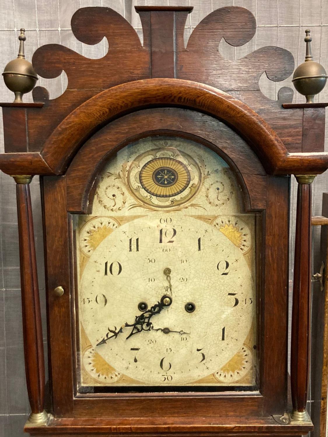 Early 19th century welsh oak eight day two train long case clock with original painted face having