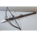 17th century English crossbow, having steel bow, guide and folding fork foresight, steel cocking