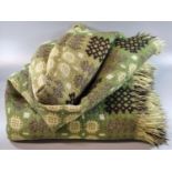 Vintage green and cream Welsh tapestry woollen blanket or carthen with fringed edge, in