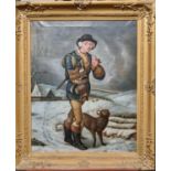 Continental school, portrait of a man with clay pipe and axe, hound at his heel in a winter