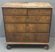 18th century walnut straight front chest of drawers, the moulded and inlaid faded and distressed top