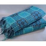 Vintage woollen Welsh tapestry blanket or carthen in green, blue, black colours, with fringed