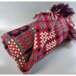 Vintage woollen Welsh tapestry blanket or carthen in red, black and cream, traditional Caernarfon