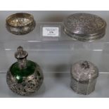 Collection of Indian white metal dressing table items, to include: circular box and cover