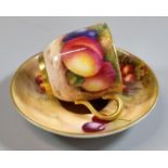 Royal Worcester porcelain demi-tasse hand painted with fruit with a gilt interior, signed E Townsend