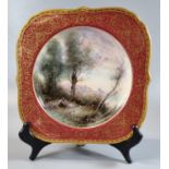 Royal Worcester porcelain dish, after Corot, having red and gilt border, signed Harry Davis. Circa
