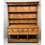 19th century Welsh oak two stage pot board dresser, the moulded cornice above rack back with three