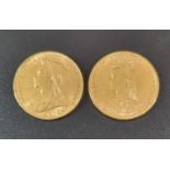 Two late Victorian gold full sovereigns dated 1892 and 1899. (2) (B.P. 21% + VAT)