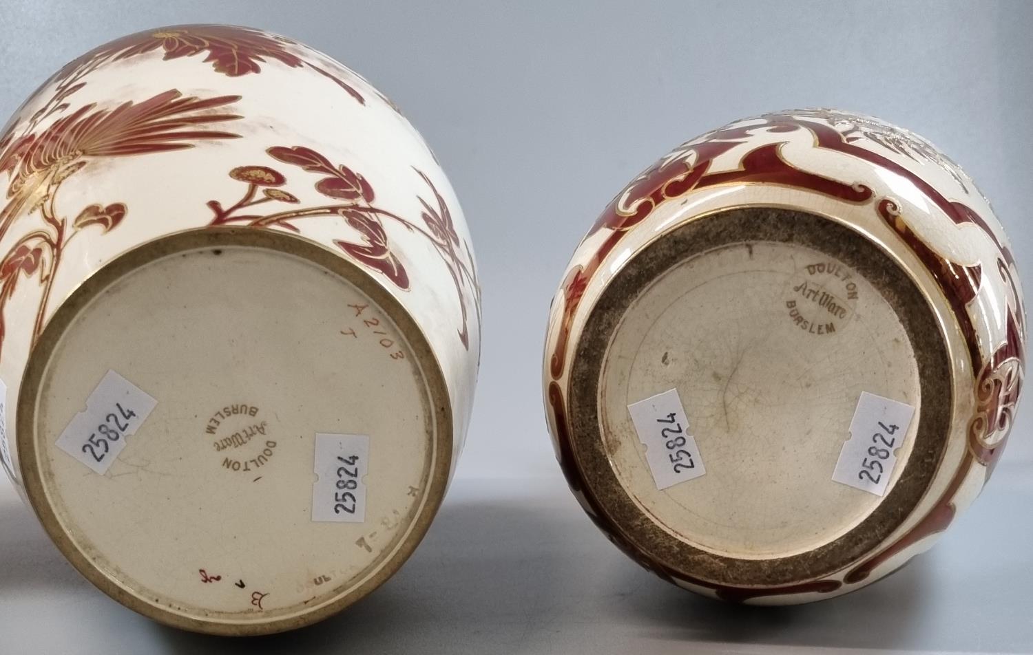 Pair of late 19th early 20th century Doulton Burslem Art Ware vases of baluster form on a cream - Image 3 of 3