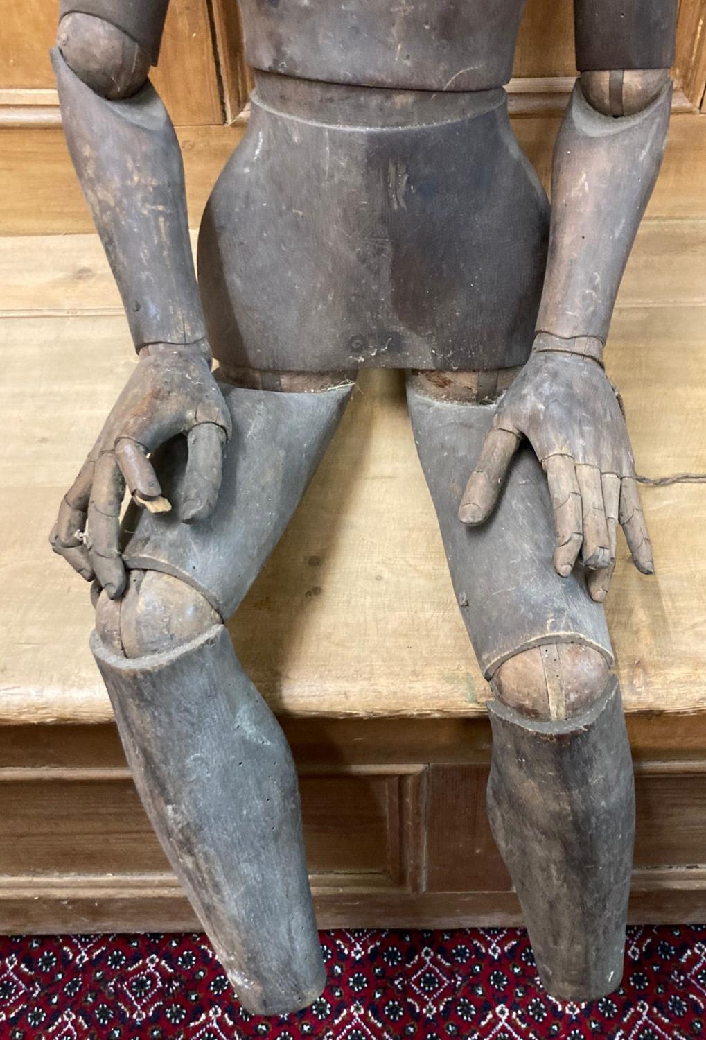 19th century Lay figure/artists wooden mannequin with moveable limbs and articulated fingers. - Image 3 of 12