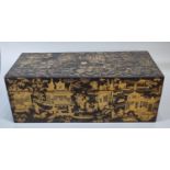 19th century chinoiserie decorated lacquered and gilded writing box, having brass handles, the