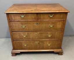 Queen Anne style walnut straight front chest of drawers, the moulded top above a bank of two short