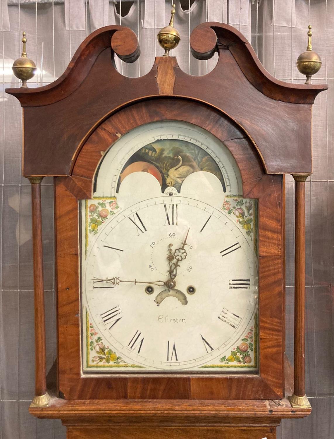 Early 19th century North West of England oak eight day long case clock, having broken swan neck