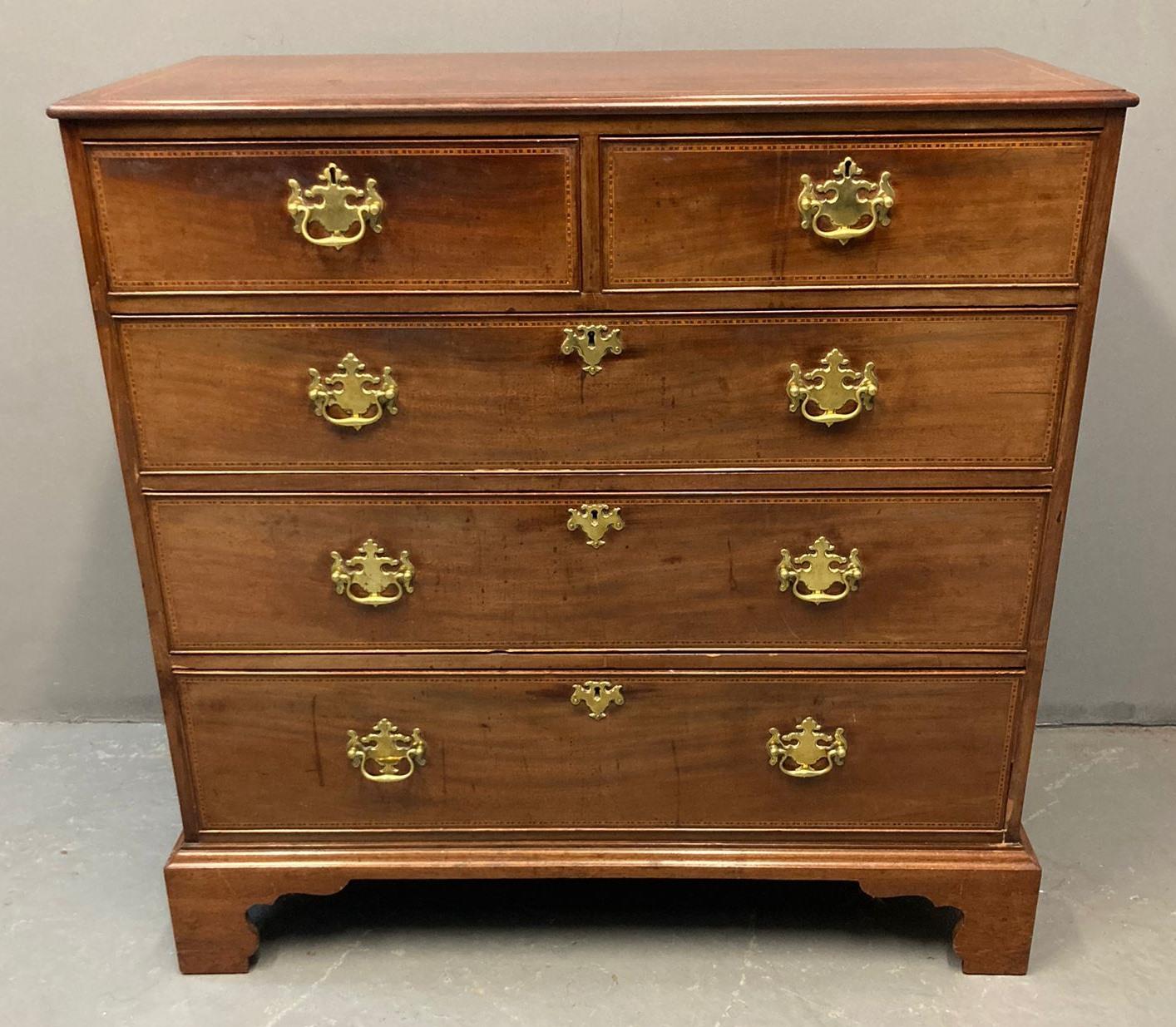 19th century mahogany inlaid straight front chest of drawers, the moulded top with herringbone inlay