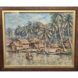 Burmese school, riverside settlement on stilts with figures in boats amongst palm trees, oils on