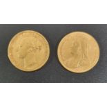 Two Victorian full gold sovereigns dated 1877 and 1895. (2) (B.P. 21% + VAT)
