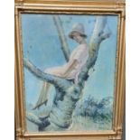 Hitchcock (British ,20th Century), portrait of a young girl in 1920's dress, seated in a tree,
