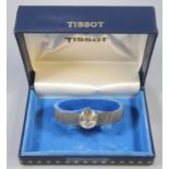 Tissot 9ct white gold ladies bracelet wristwatch, the satin face with baton numerals on a bark