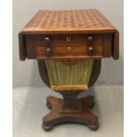 Victorian rosewood and mixed woods drop leaf work table, the parquetry top above two long drawers to