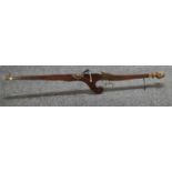 Unusual 19th century Belgian mahogany target crossbow, having bronze and steel sights, iron bow and