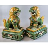 Pair of Chinese Sancai glaze Temple or Fo Dogs on a rectangular reticulated bases, 32cm high approx.