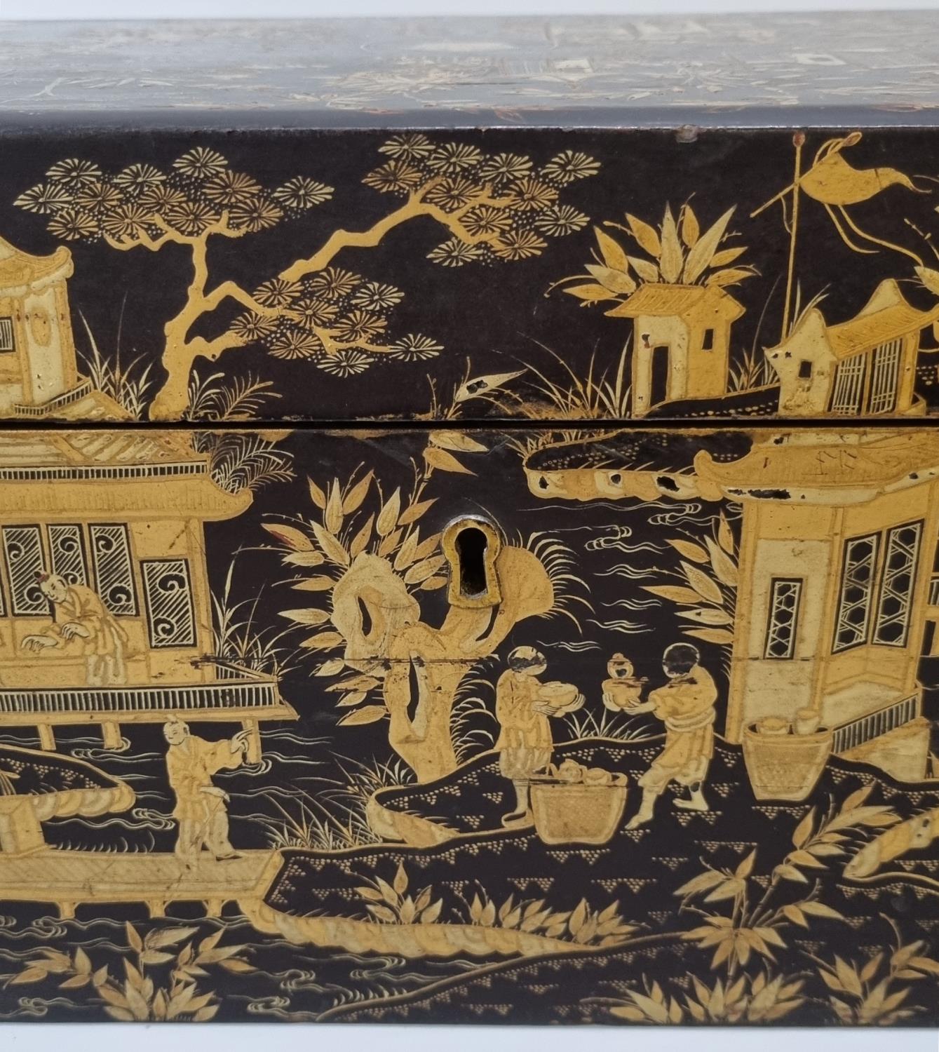 19th century chinoiserie decorated lacquered and gilded writing box, having brass handles, the - Image 2 of 5