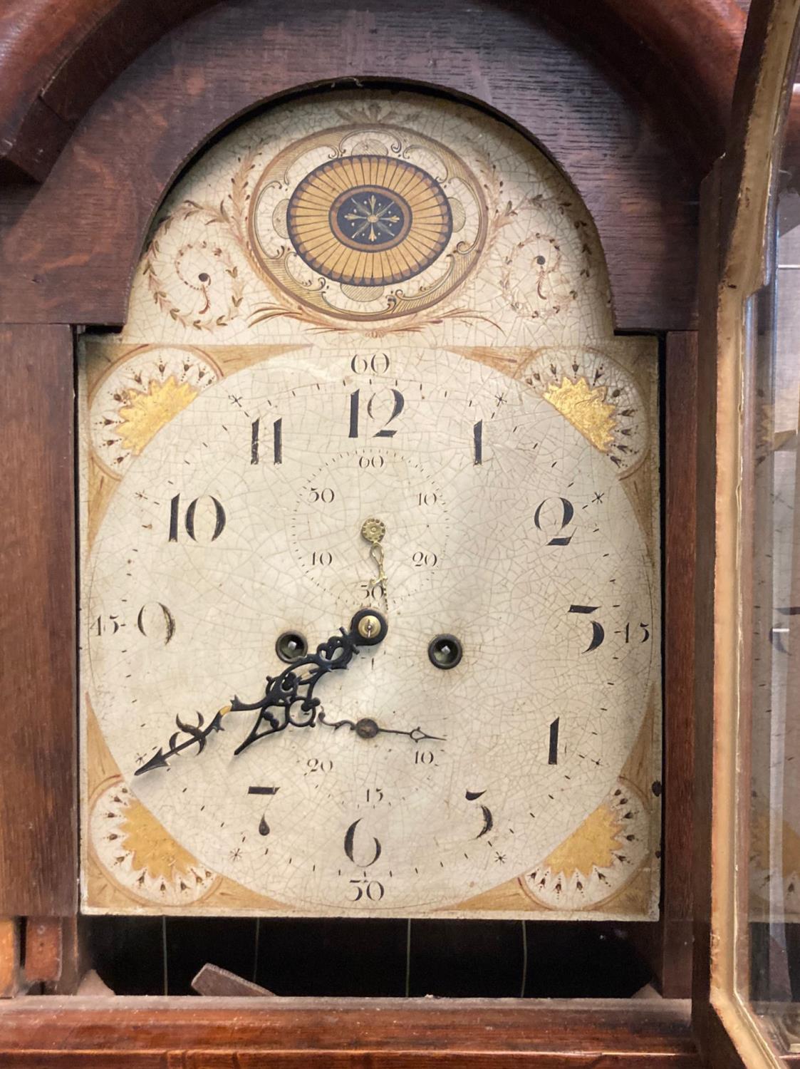 Early 19th century welsh oak eight day two train long case clock with original painted face having - Image 2 of 3