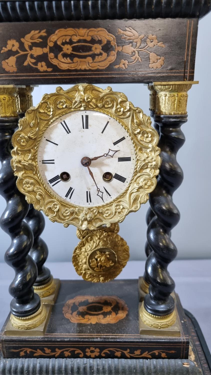 Early 19th century French marquetry inlaid eight day Portico clock with white enamel Roman face - Image 2 of 2