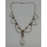 Opal pearl and diamond set Victorian fringe necklace having six oval opals interspersed with diamond