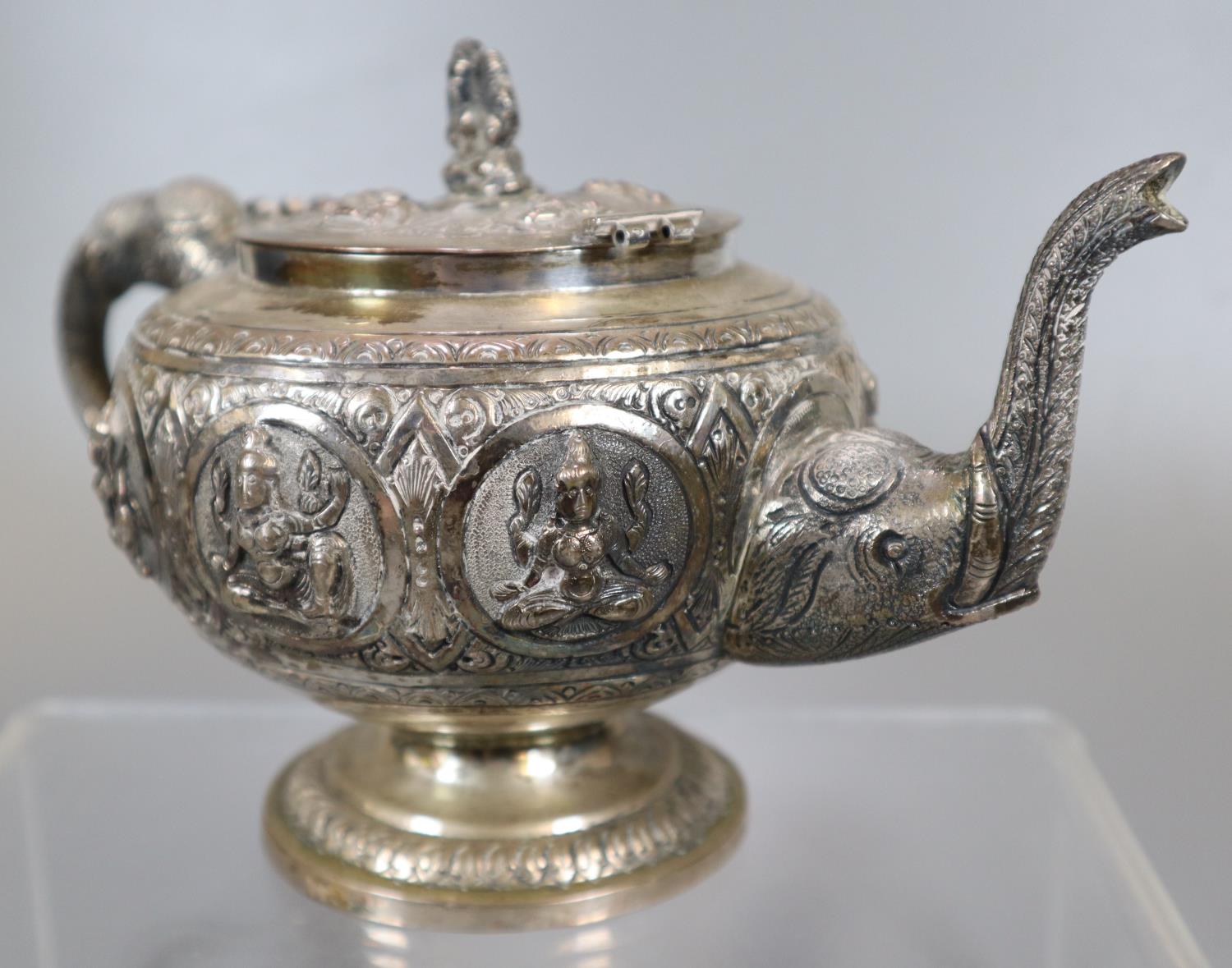 Indian white metal three piece teaset comprising: teapot, two handled lidded sucrier and a lidded - Image 2 of 5