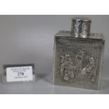 19th century Dutch silver tea caddy of square form , repoussé decorated with figures in interiors