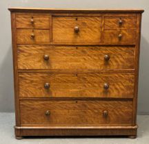 19th century satin wood and mahogany straight front Scotch chest of drawers, the moulded shaped