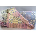 Vintage woollen Welsh tapestry blanket or carthen in blue, yellow, pink colours, with fringed