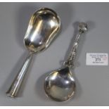 Unusual silver rat tail spoon of large proportions, the terminal inset with a semi-precious