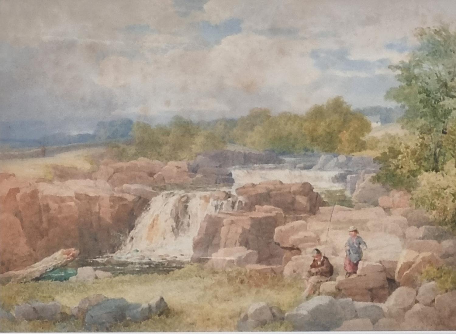 John Henry Mole (British 1814-1886), upland landscape with waterfalls and figures fishing, titled - Image 2 of 10