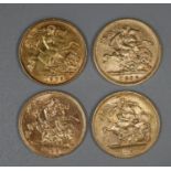 Four half gold sovereigns dated 1839,1896, 1898 and 1909. (B.P. 21% + VAT)