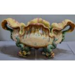 Victorian Majolica two handled jardinière in Art Nouveau style with organic handles, having multi