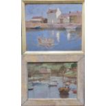 R Ovendale (Welsh 20th century), harbour scenes, Aberaeron, with boats, two similar oils on board.