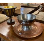 Modern oak and brass finish planter together with a plated punch bowl and a copper charger. (3) (B.