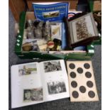 Box of assorted items, to include: antique silver plated cut glass condiment set, horn with pewter