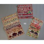 Three unframed late Victorian needlework samplers, E Thomas 1878, Blodwen Thomas aged 10 1893 and